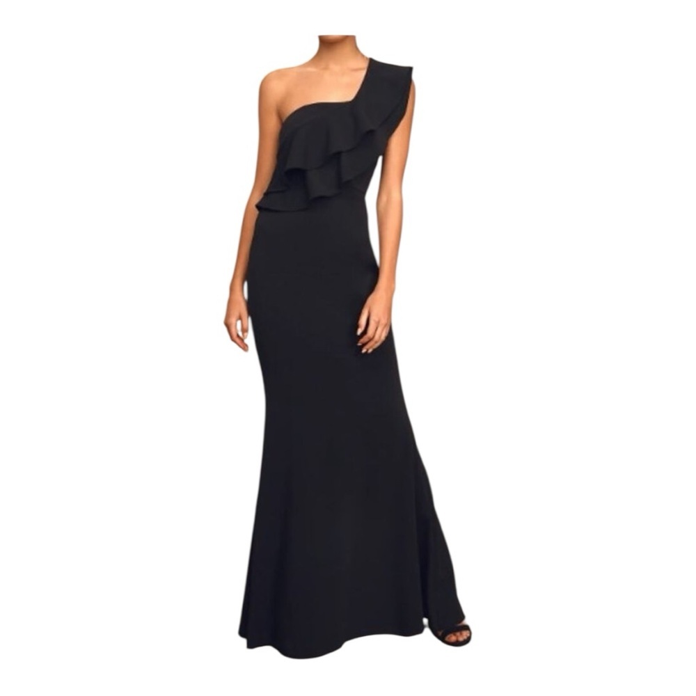 Lulu's Black Grand Beauty Ruffled One-Shoulder Mermaid Maxi Dress M NWT